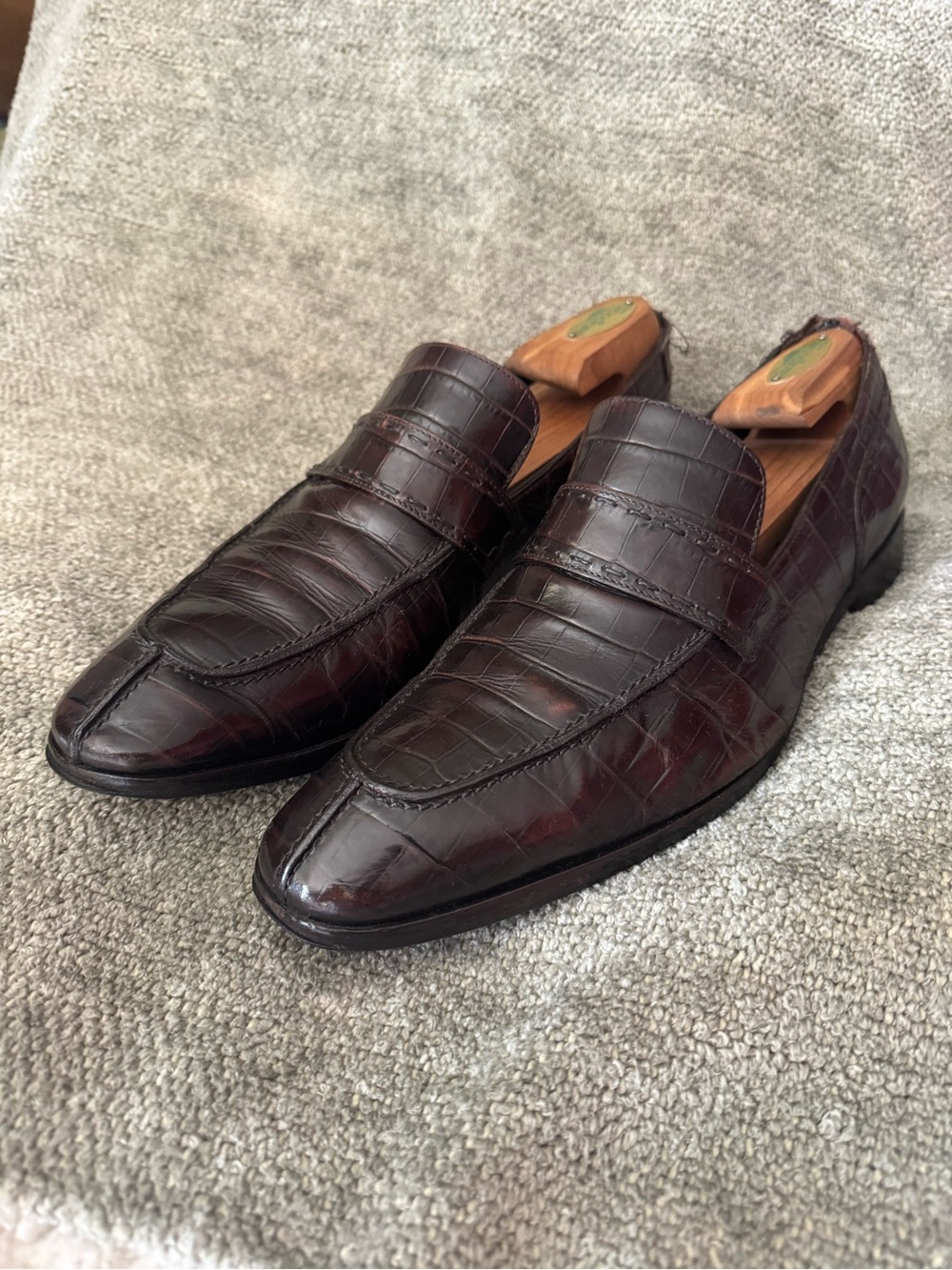 Hugo Boss Dark Brown Crocodile-Embossed Leather Penny Loafers